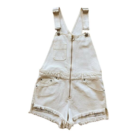FREE PEOPLE Sunkissed Denim Short Overalls Front Zipper Pockets Off White 6 NWOT - Picture 1 of 9